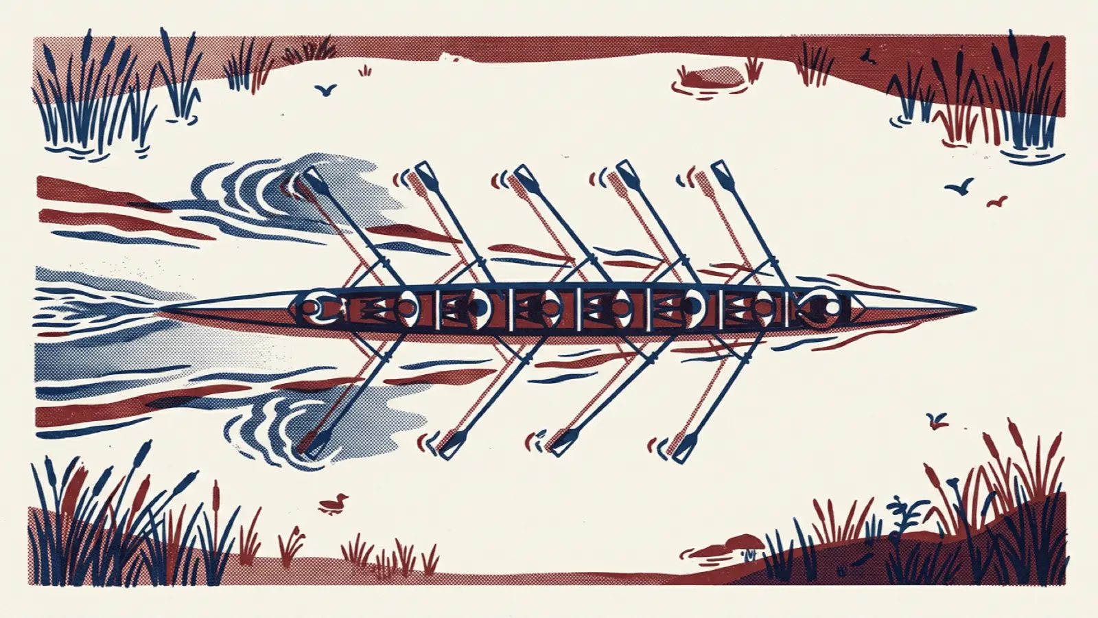 A risograph illustration of a rowing boat with oars in unison crossing a calm river.