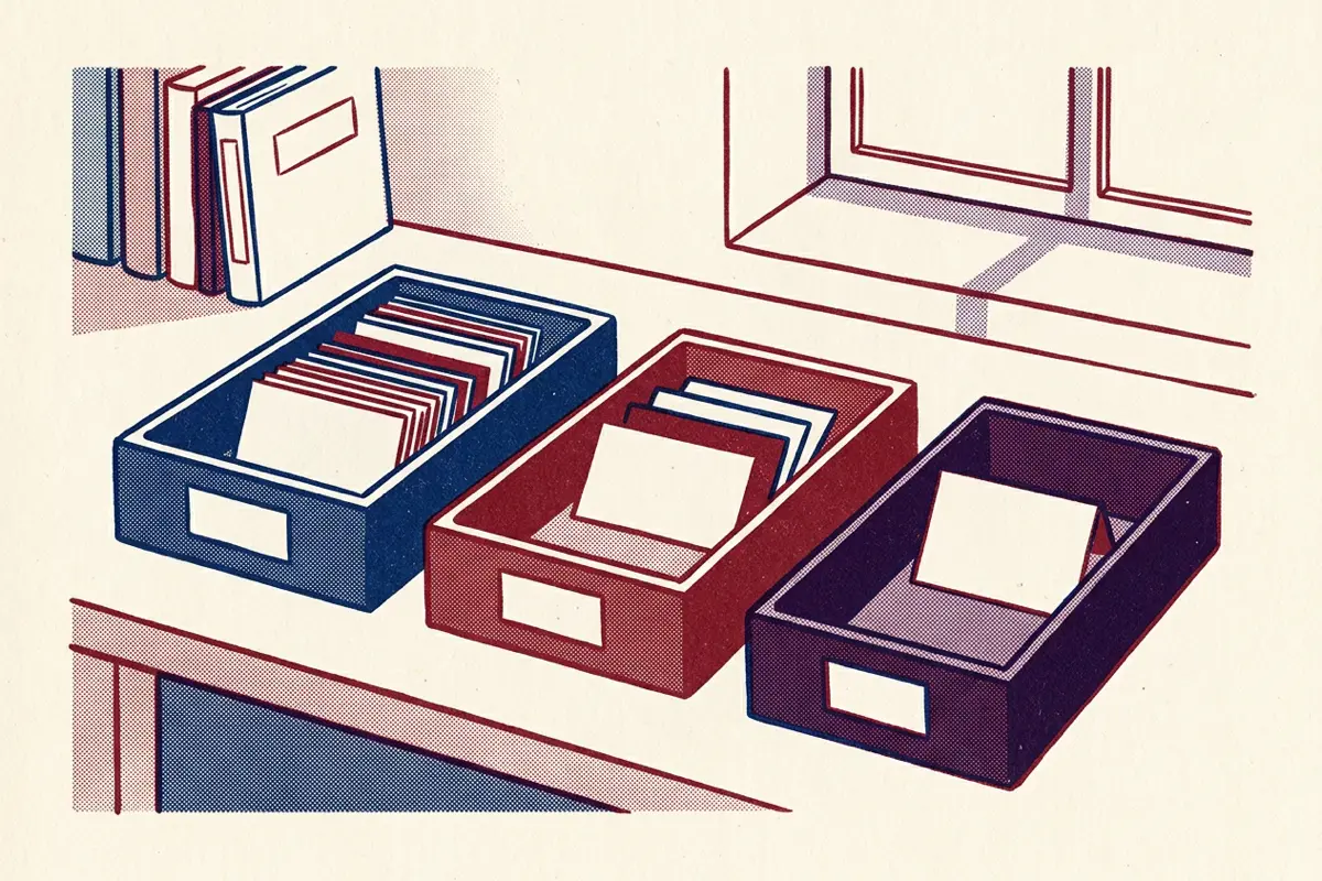 Three sorting trays holding cards, most in the first tray and just one card in the third.
