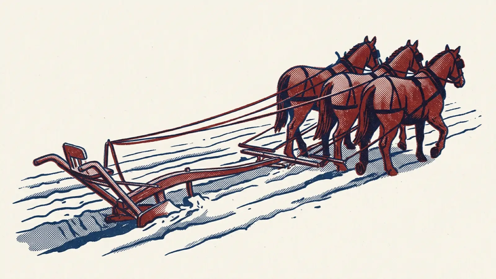 A risograph illustration of workhorses pulling a plough across a field, guided by long reins.