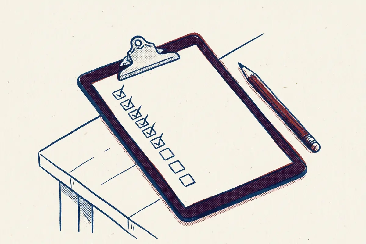 A clipboard with a column of blank boxes, most of them ticked, beside a pencil.