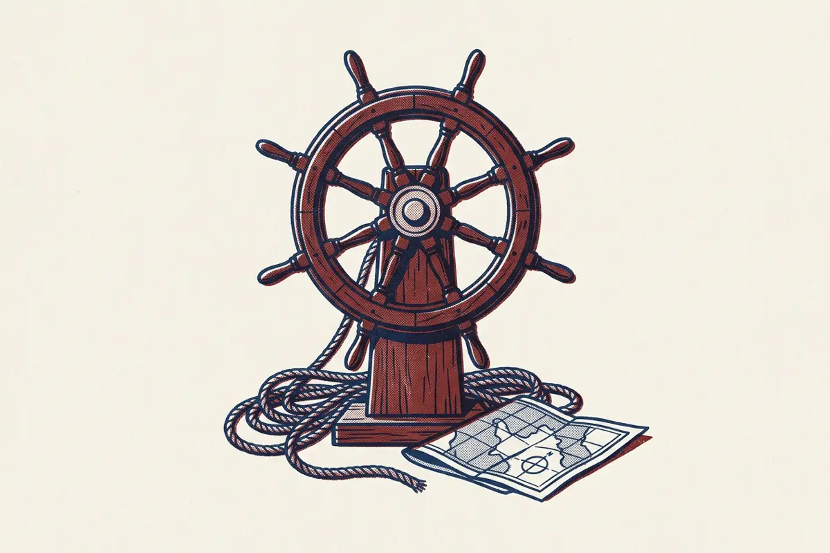 A ship's wheel on a wooden stand with a coiled rope and folded chart at its base.