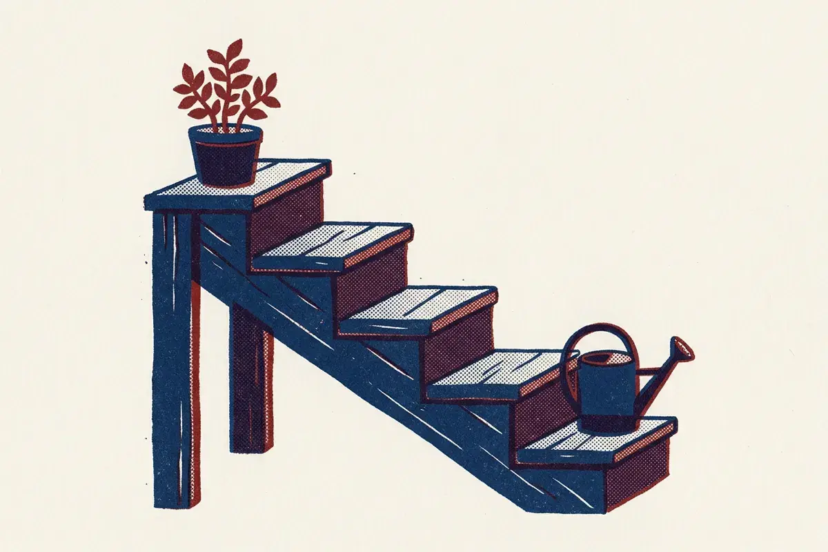A five-step wooden staircase with a watering can at the bottom and a plant at the top.