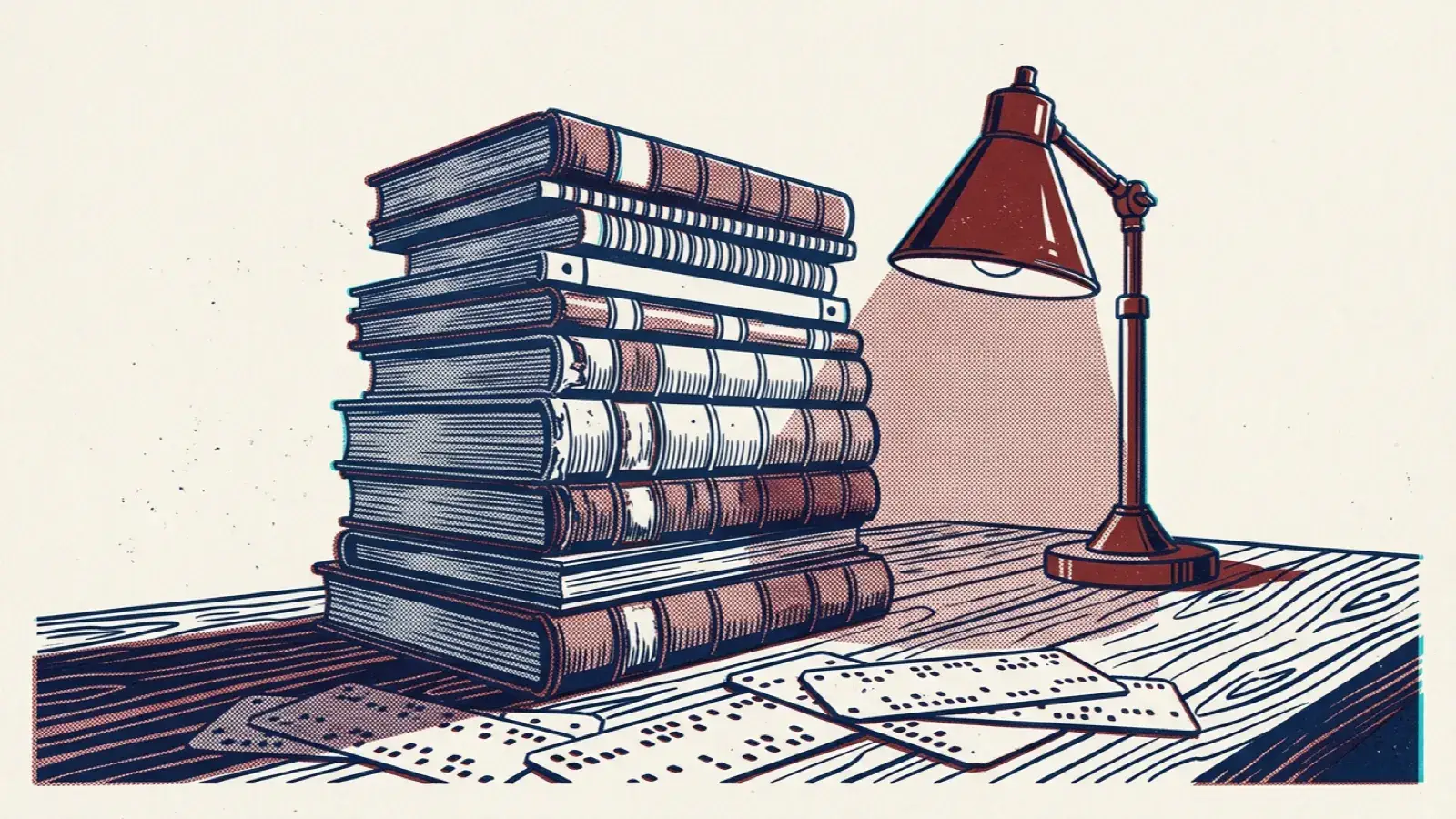 A risograph illustration of a stack of old ledgers and notebooks under a desk lamp, with punched cards scattered in front.
