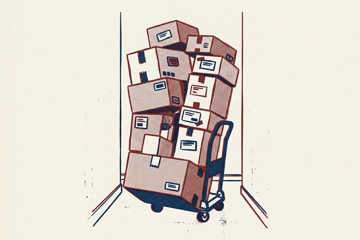 Cardboard boxes piled precariously high on a small hand trolley in an empty corridor.