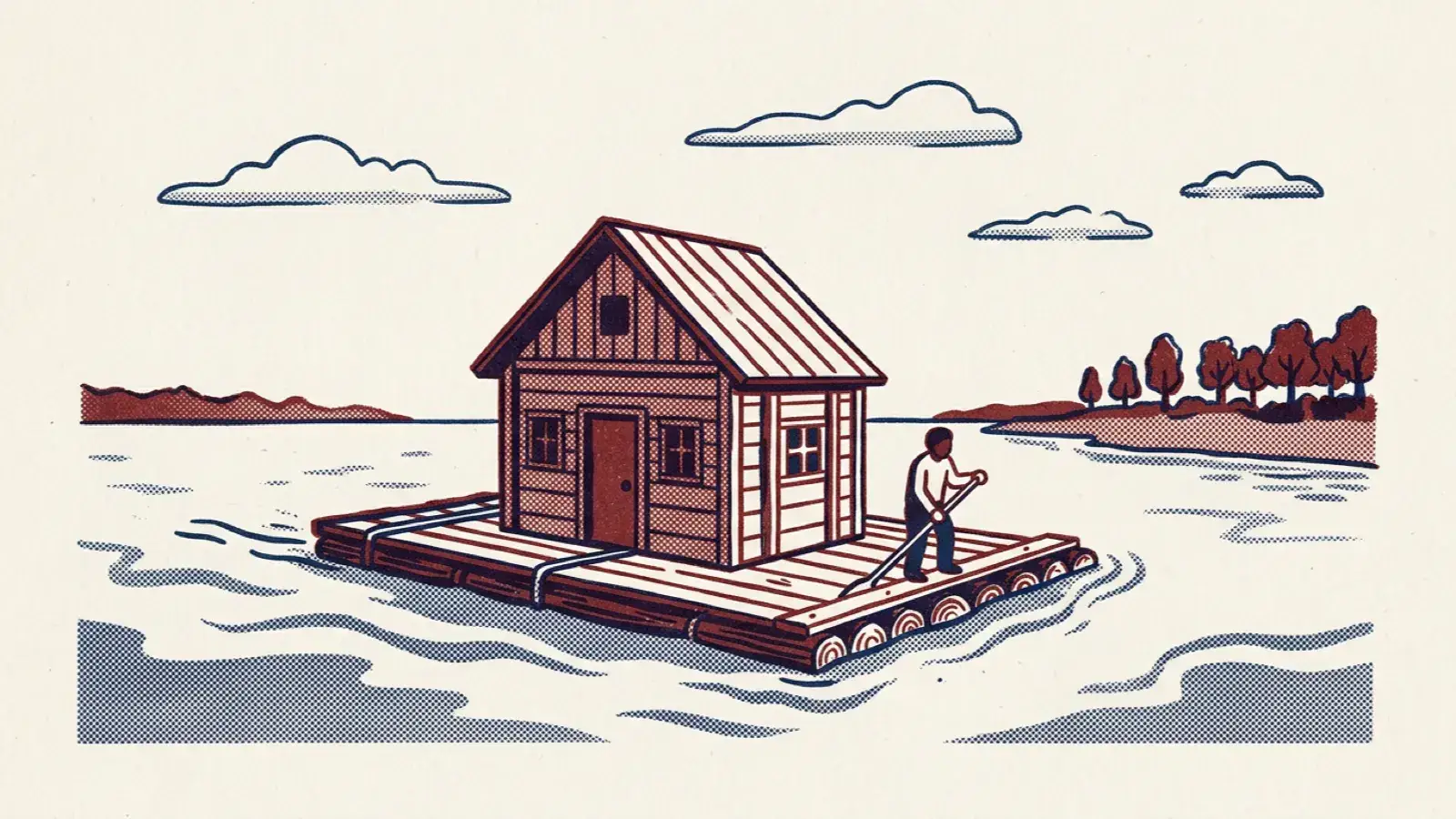 A risograph illustration of a small house carried across a river on a raft beneath simple clouds.