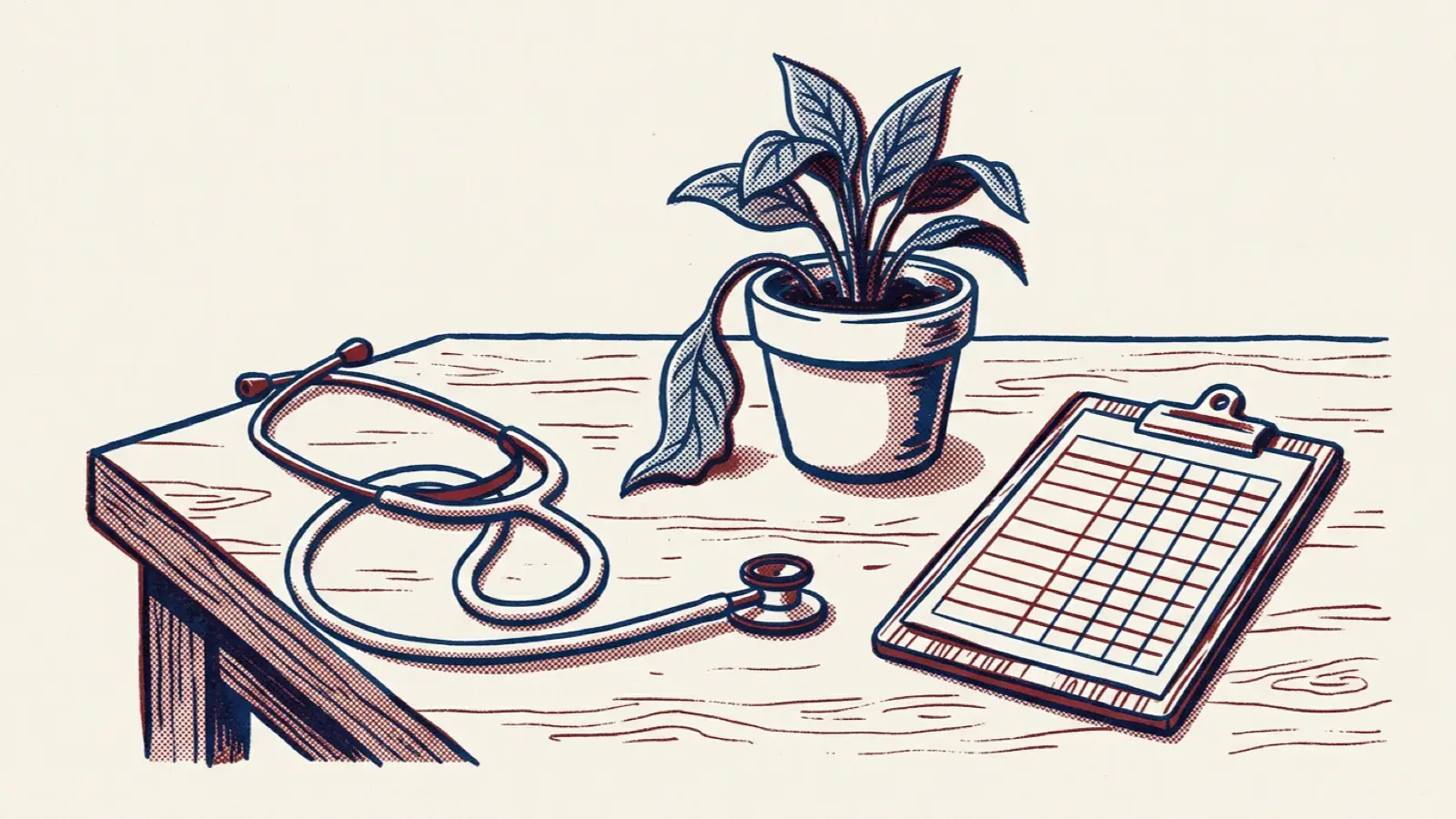 A risograph illustration of a stethoscope on a desk beside a potted plant with one wilting leaf.