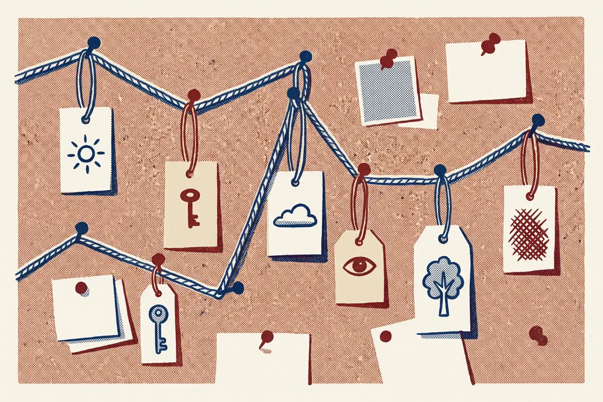 A string pinned across a cork board with paper tags and red pins marking points along it.