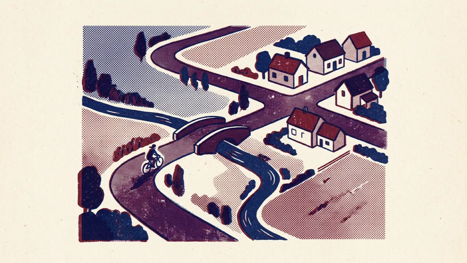 A risograph illustration of a winding road seen from above, passing houses, a bridge and a crossroads.