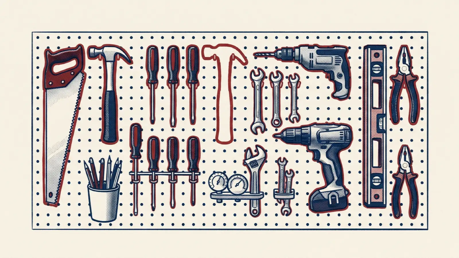 A risograph illustration of tools on a pegboard wall, each with a painted outline, and one outline empty.
