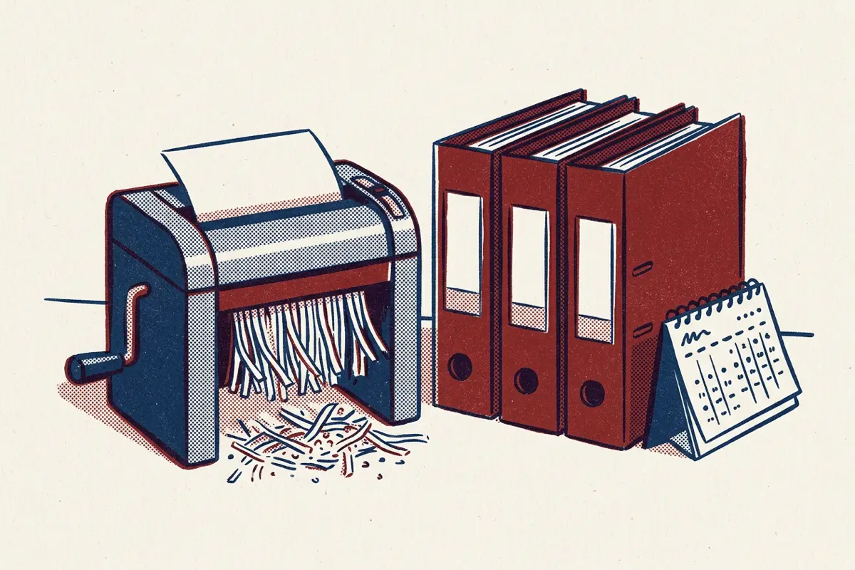 A paper shredder beside three box files and a small calendar on a desk.
