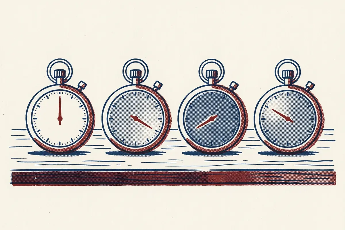 Four unmarked stopwatches in a row on a workbench, each with its hand in a different position.