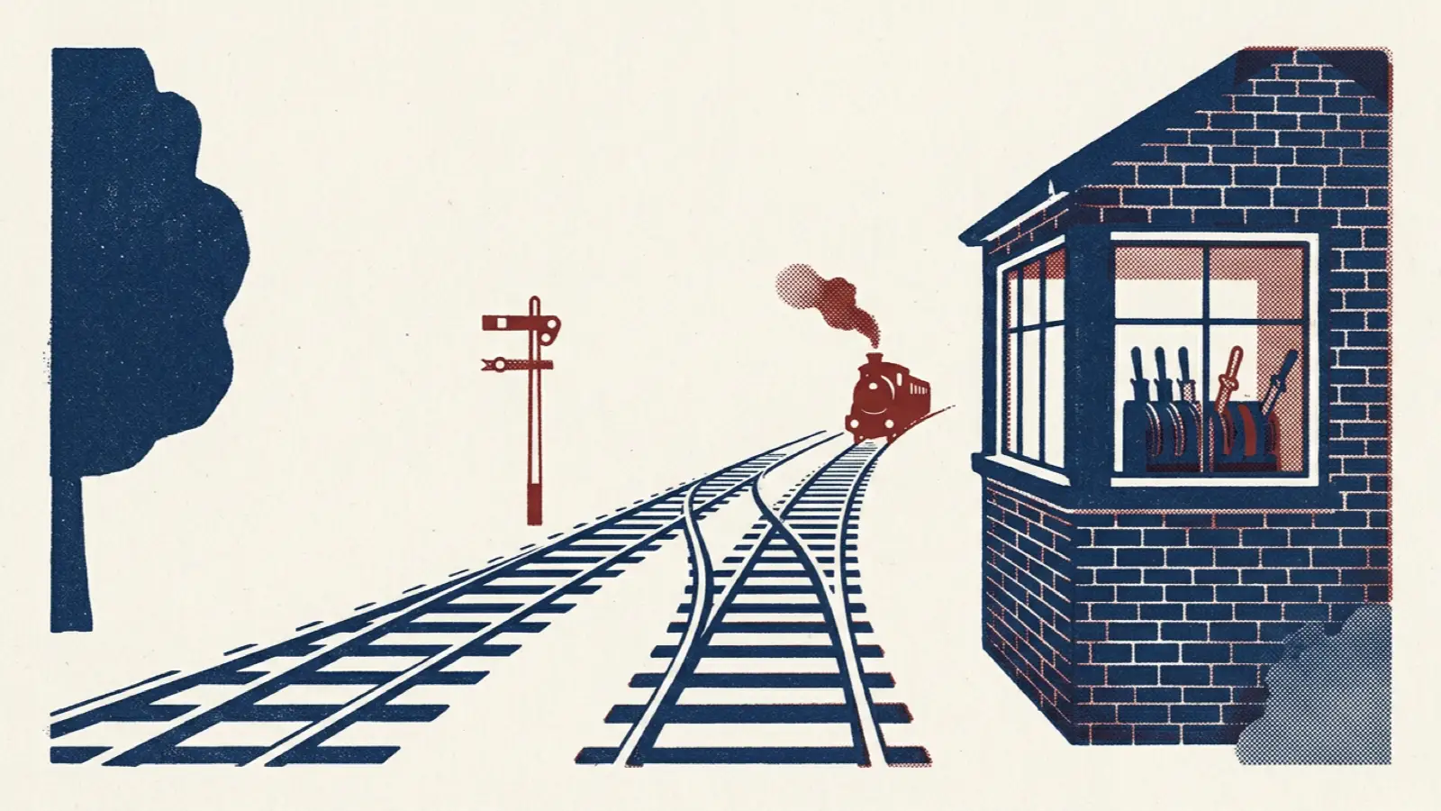 A risograph illustration of a railway signal box beside tracks that split into several lines, with a train approaching.