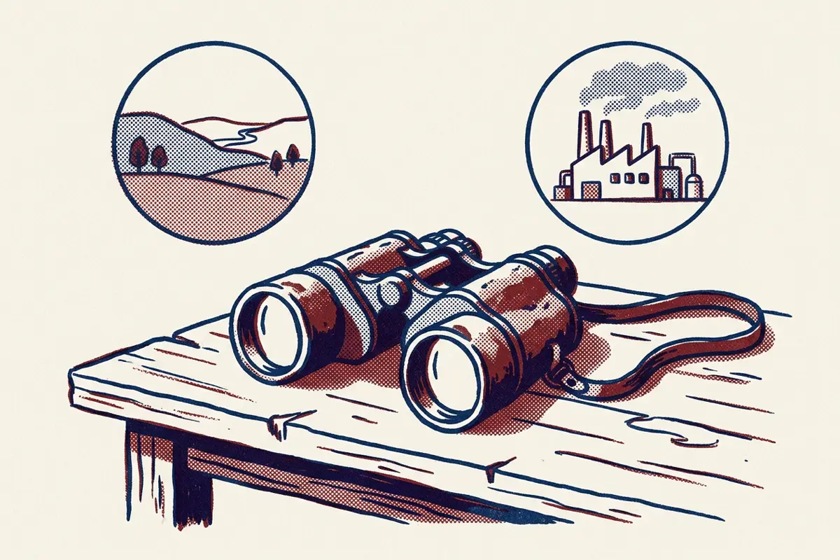 A pair of binoculars on a table with two circles above, one showing a landscape and the other a factory.