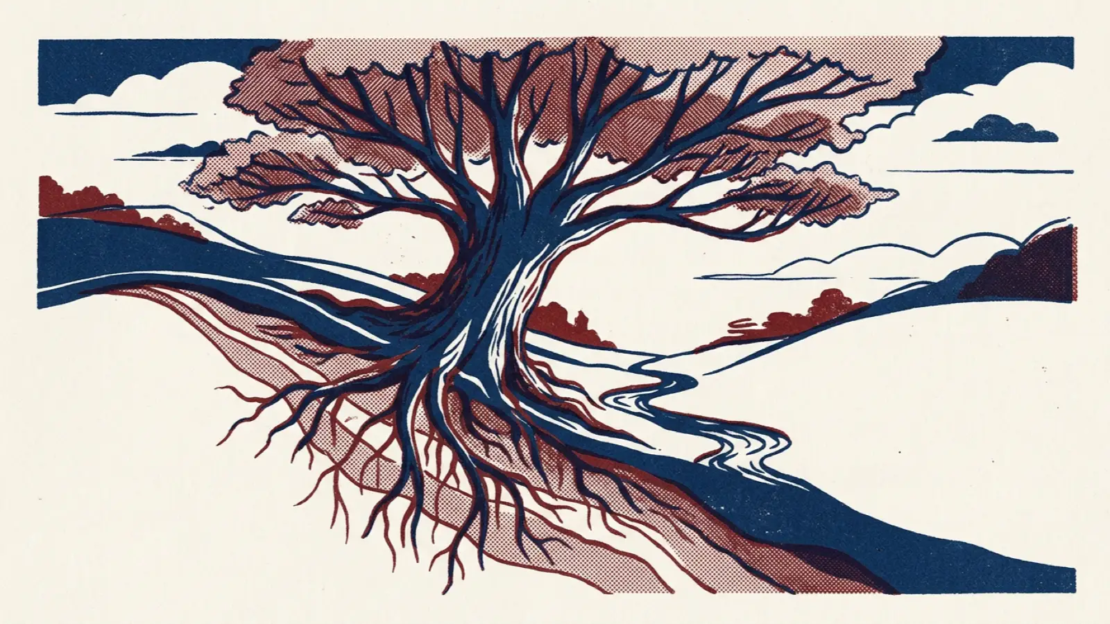 A risograph illustration of a tree with roots spreading into the soil and branches into the sky, beside a stream.