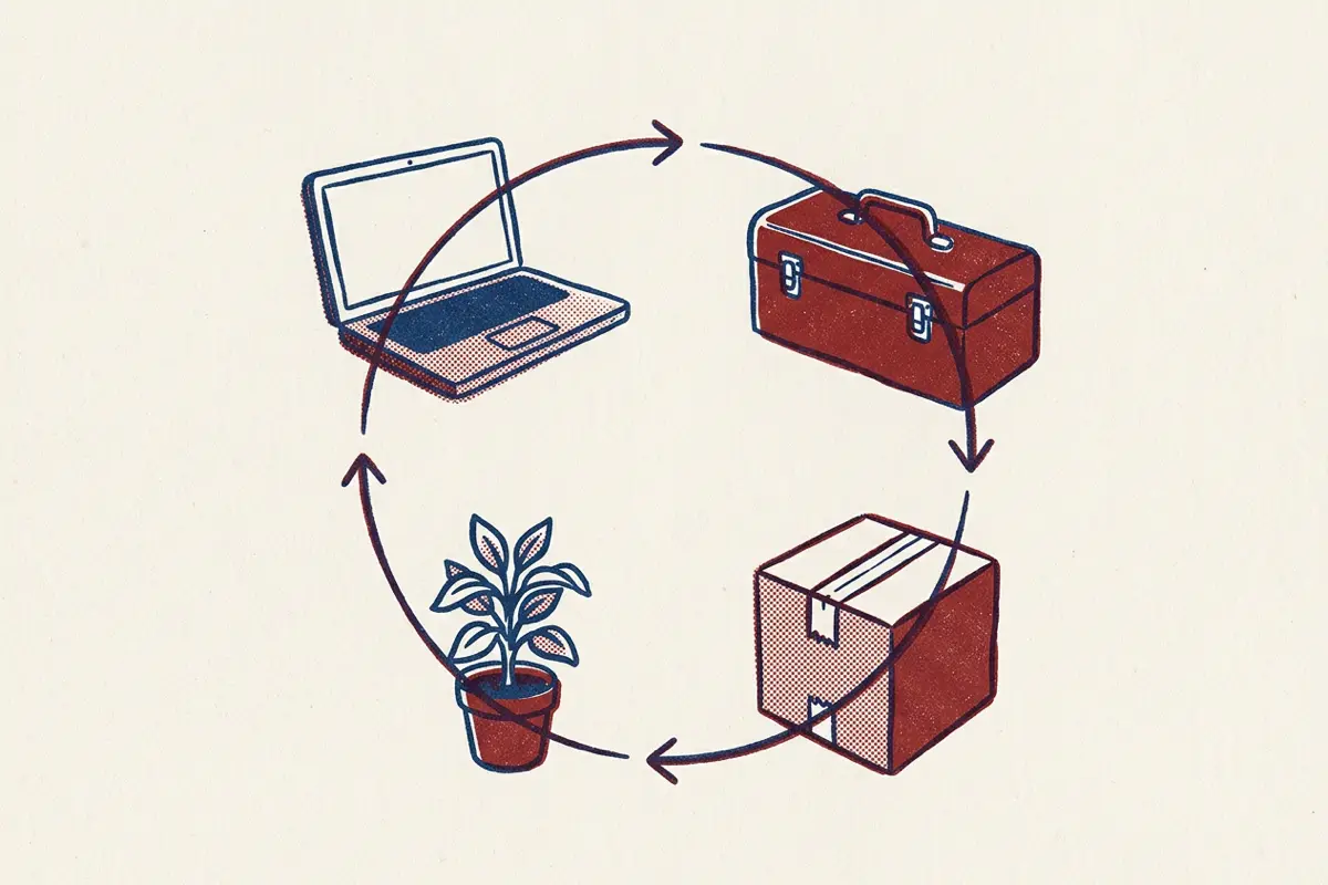 A laptop, toolbox, cardboard box and plant arranged in a circle on a table, connected by a circular arrow.