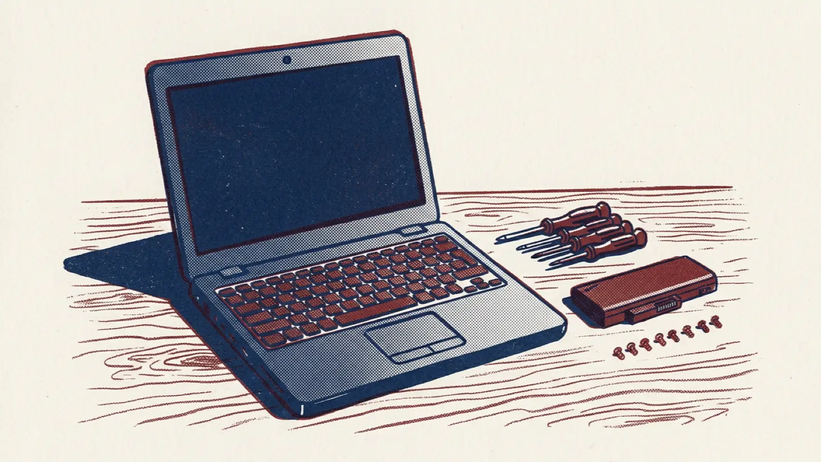 A risograph illustration of an open laptop on a desk mid-repair, with a screwdriver set, a battery and tiny screws.