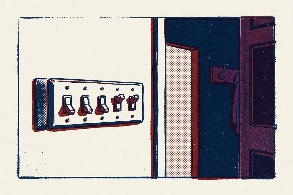 A row of light switches beside a doorway, most switched off and two switched on.
