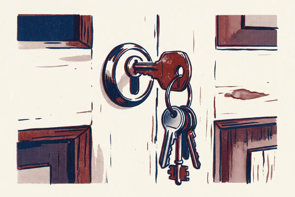 A key turning in a lock on a wooden door, with a ring of other keys hanging below.