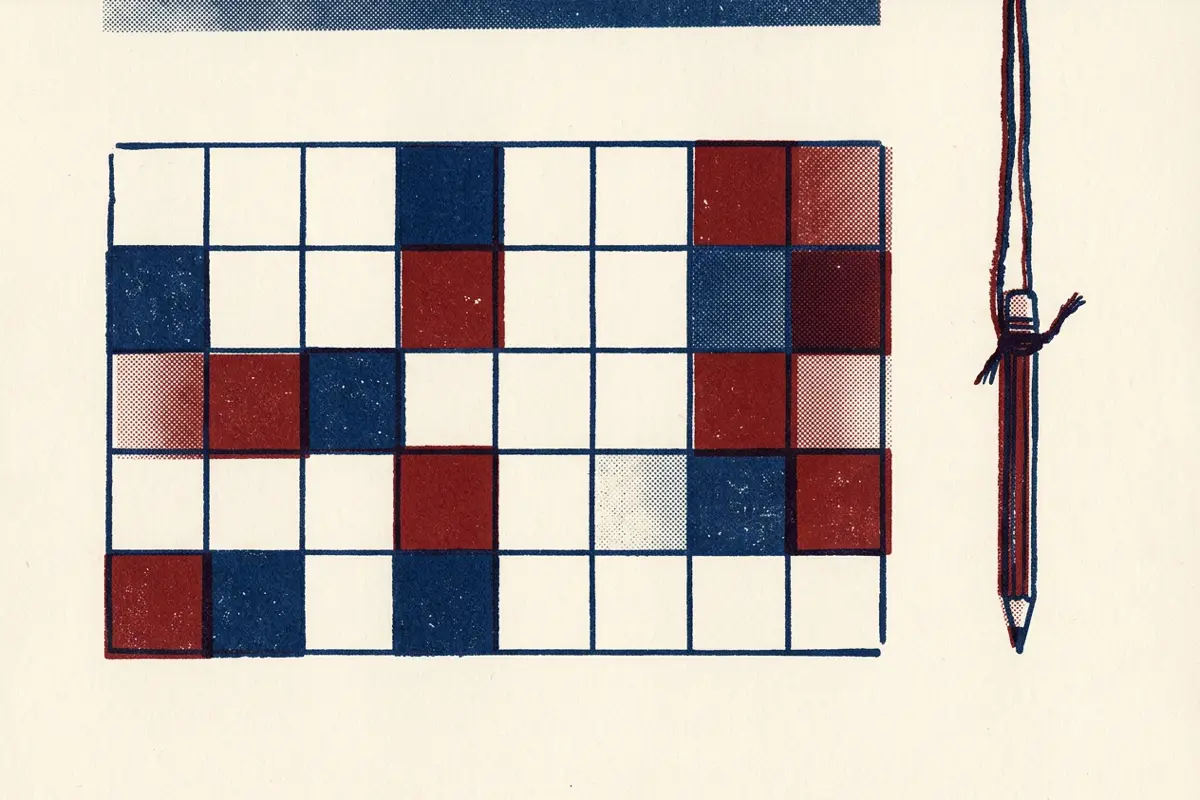 A calendar grid with squares shaded in two colours and some left blank.