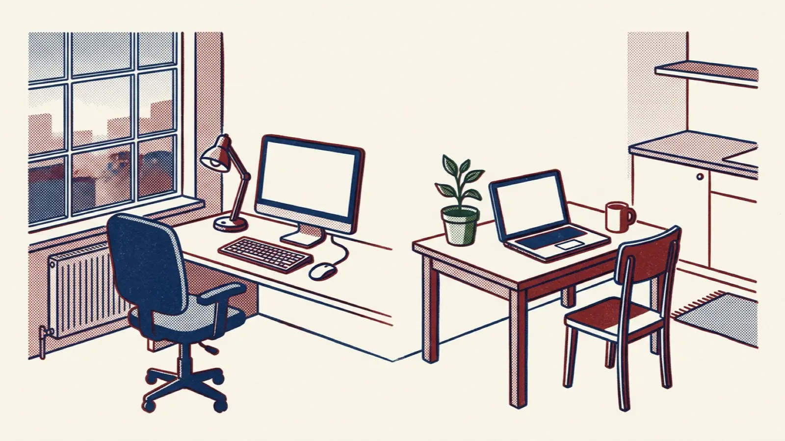 A risograph illustration showing an office desk by a window flowing into a kitchen table at home with a laptop and mug.