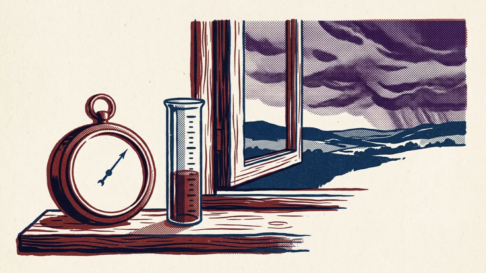 A risograph illustration of a barometer and rain gauge on a windowsill with storm clouds gathering outside.