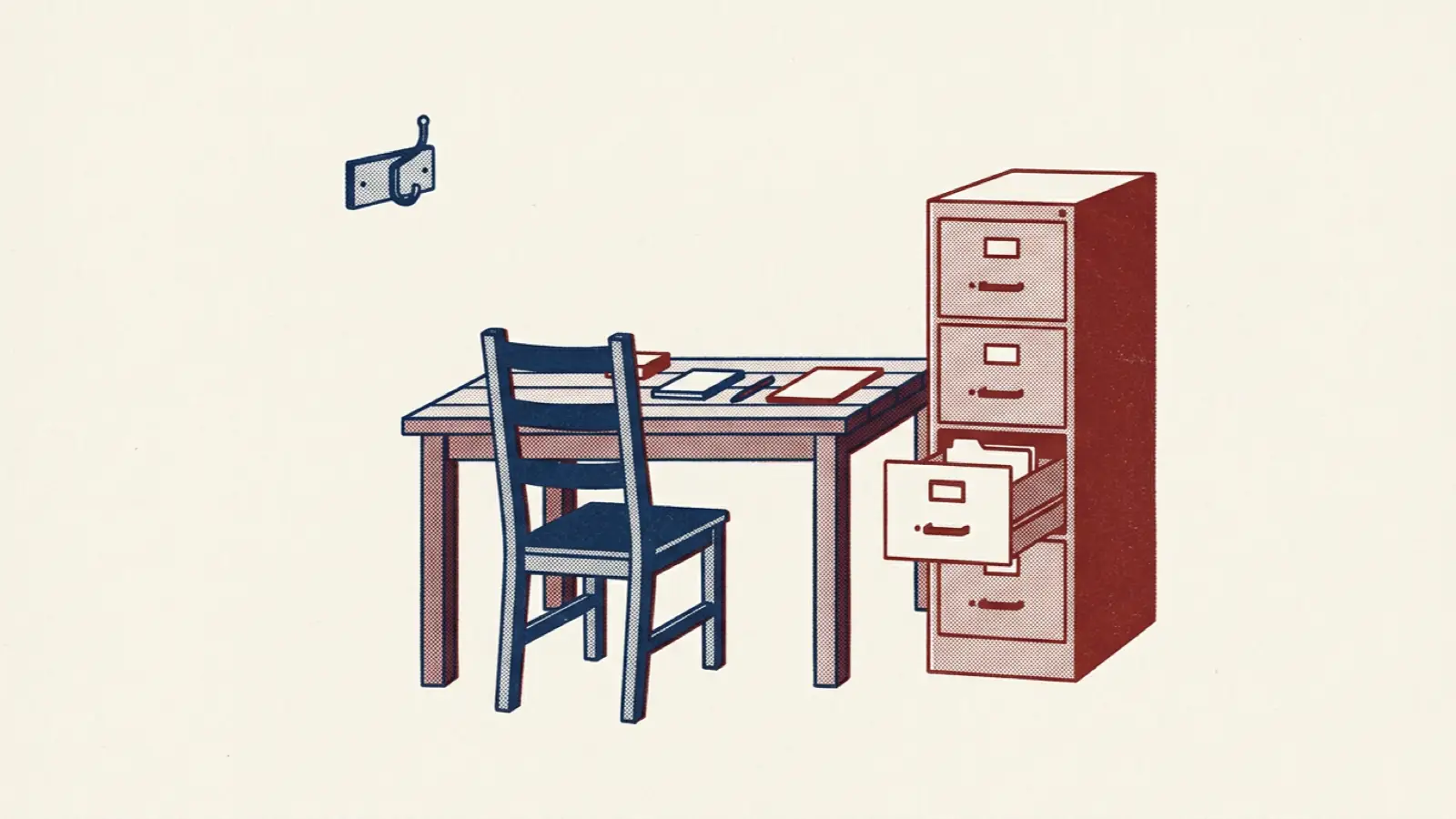 A risograph illustration of an empty chair at a desk beside a filing cabinet with an open, nearly empty drawer.