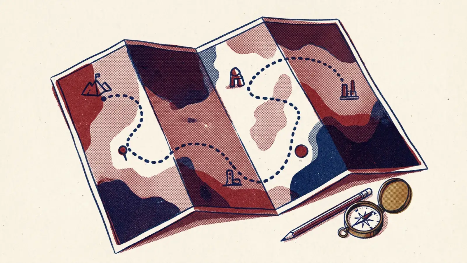 A risograph illustration of a folded map with a dotted route, a pencil and a compass.