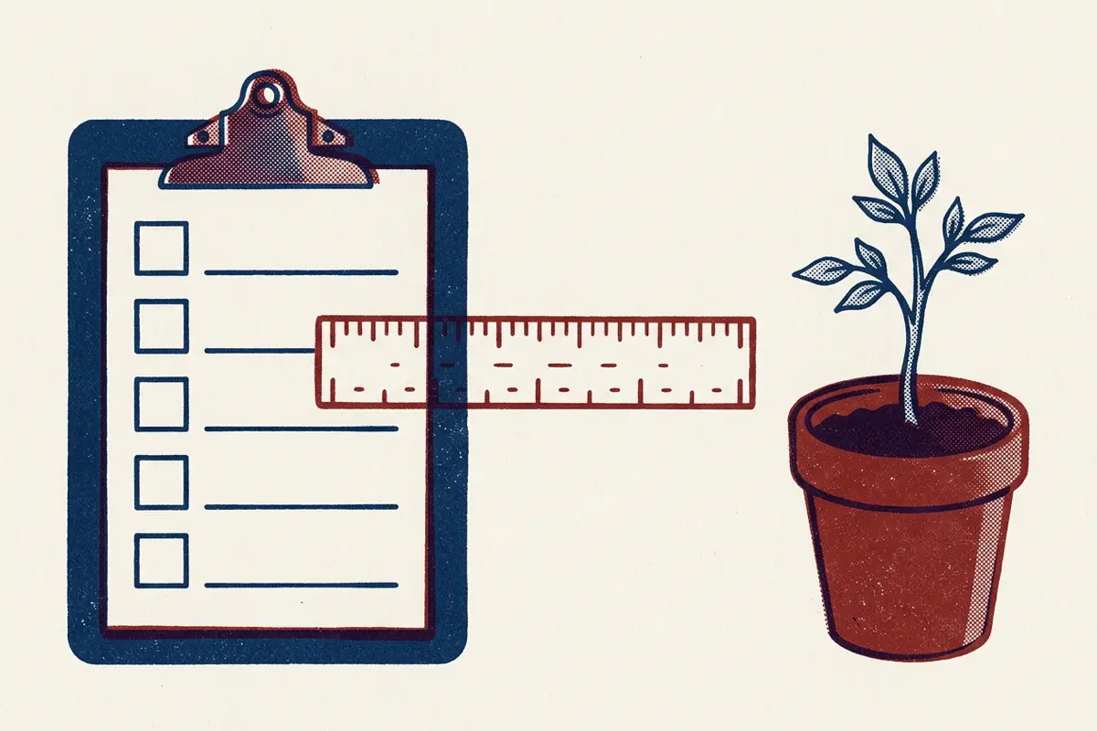 A clipboard on one side of a table and a seedling in a pot on the other, with a ruler between them.