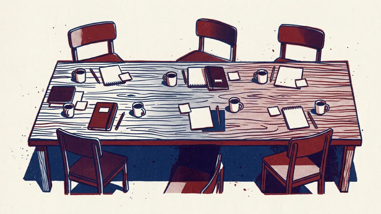 A risograph illustration of a meeting table seen from above, with cups, notebooks and sticky notes.