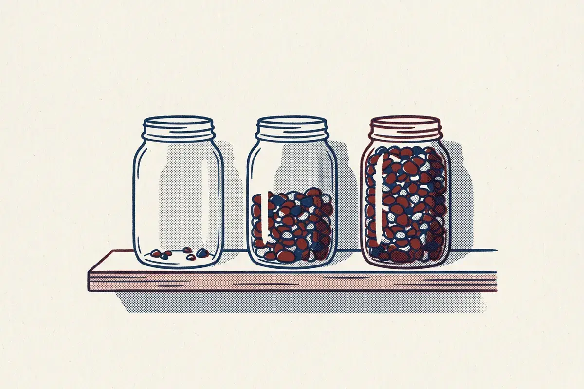 Three jars on a shelf filled to different levels, representing three maturity levels.