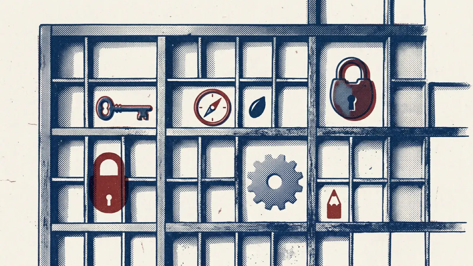 A risograph illustration of a type case with small compartments holding different everyday objects.