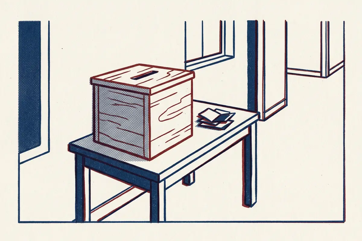 A wooden suggestion box on a small table in a corridor with folded slips of paper beside it.