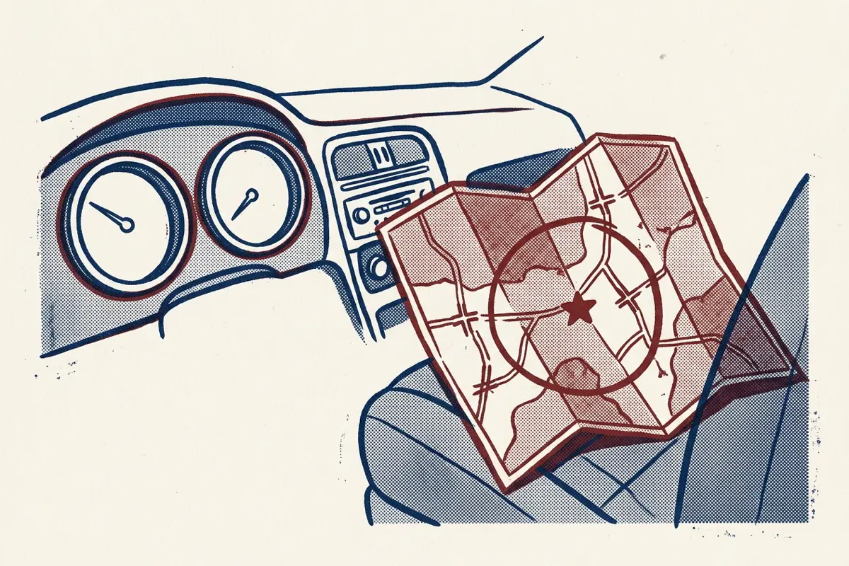 A car dashboard with unmarked dials beside a folded road map with a destination circled.