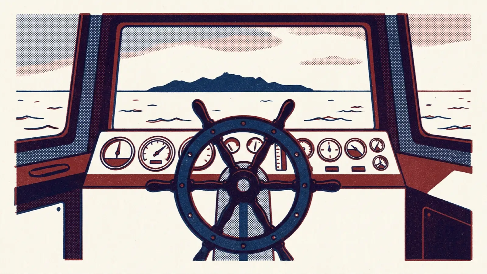 A risograph illustration of a ship's bridge with a wheel and brass gauges, looking out towards a distant island.