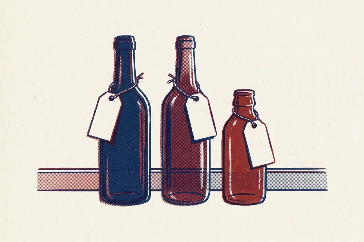Three bottles of different heights on a windowsill, each with a blank tag tied around its neck.