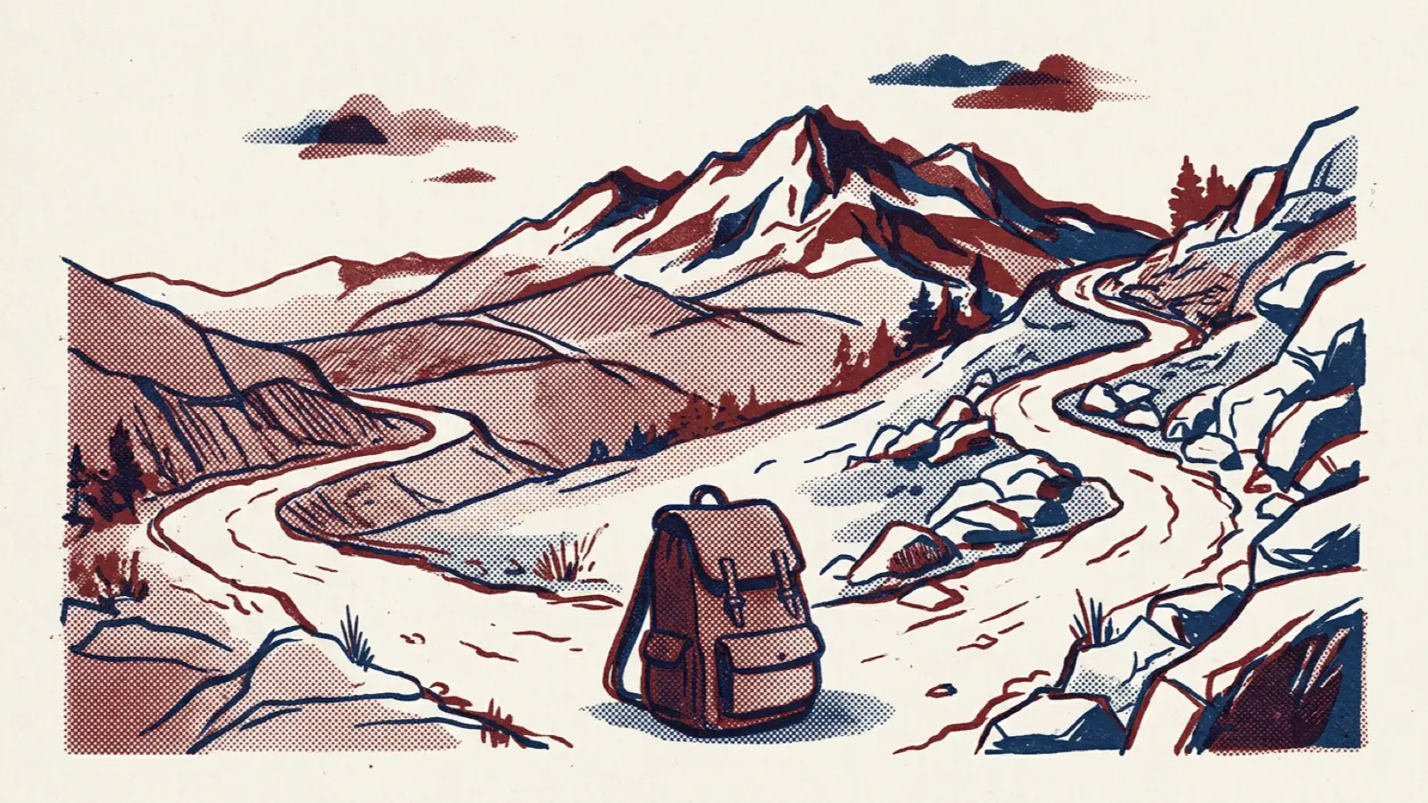 A risograph illustration of a backpack at a fork in a mountain path, both trails winding towards the same summit.