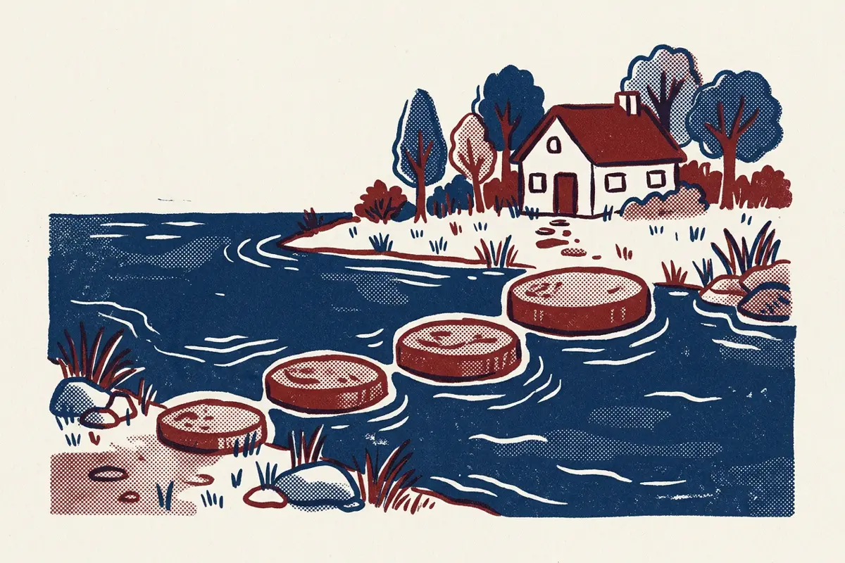 Four stepping stones of increasing size crossing a stream towards a cottage.