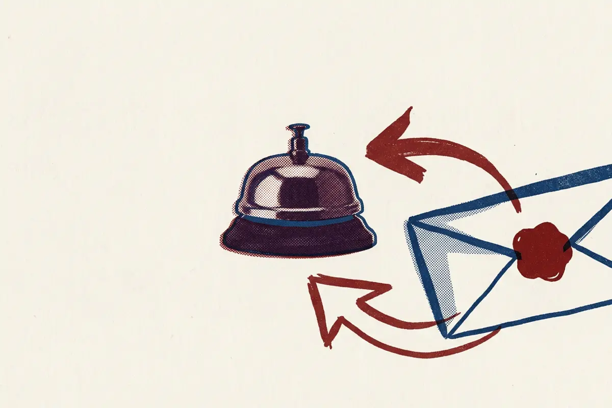 A brass bell on a desk next to a sealed envelope, with an arrow pointing from the envelope to the bell.
