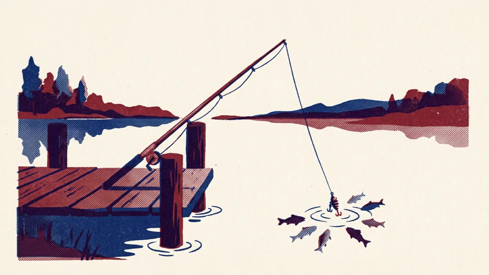 A risograph illustration of a fishing rod on a jetty with a lure dangling just below the water as small fish circle.