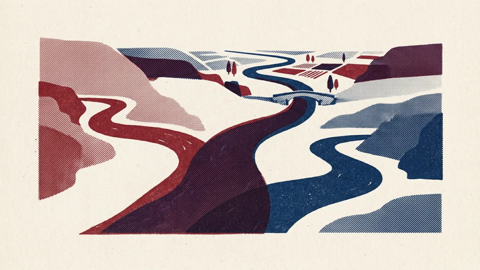 A risograph illustration of two rivers of different colours meeting and flowing together, with a bridge downstream.