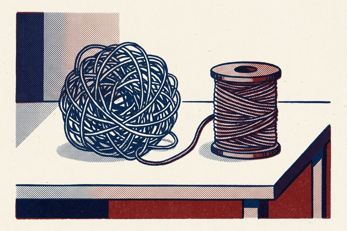 A tangled ball of string beside a neatly wound spool on a table.