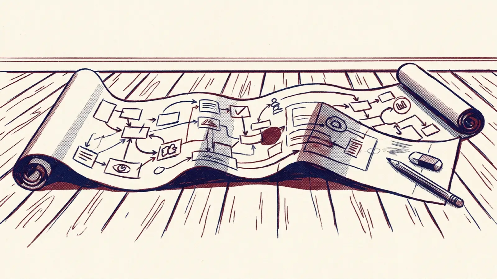 A risograph illustration of a long roll of paper on a floor covered in boxes and arrows, with a pencil and eraser.