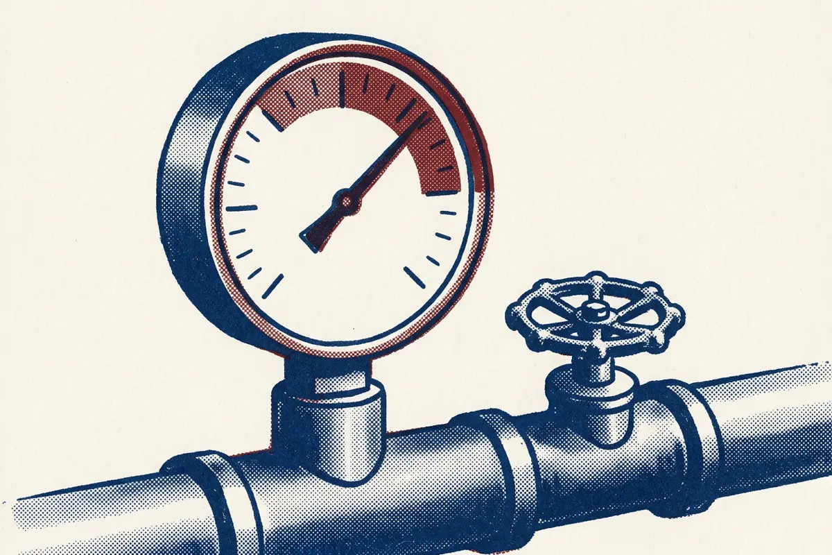 A pressure gauge on a pipe with its needle near the top of a shaded zone, beside a valve wheel.