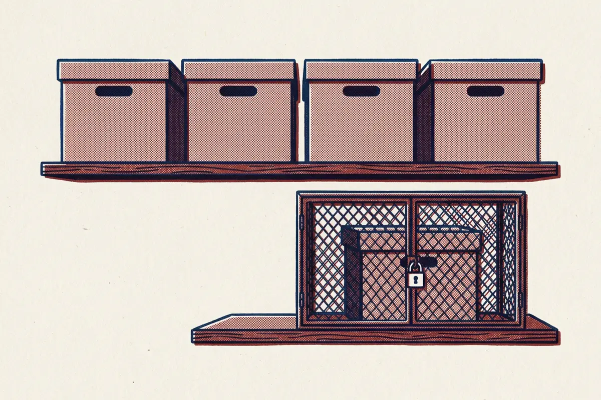 A row of storage boxes on a shelf, with one box set apart behind a small locked grille.