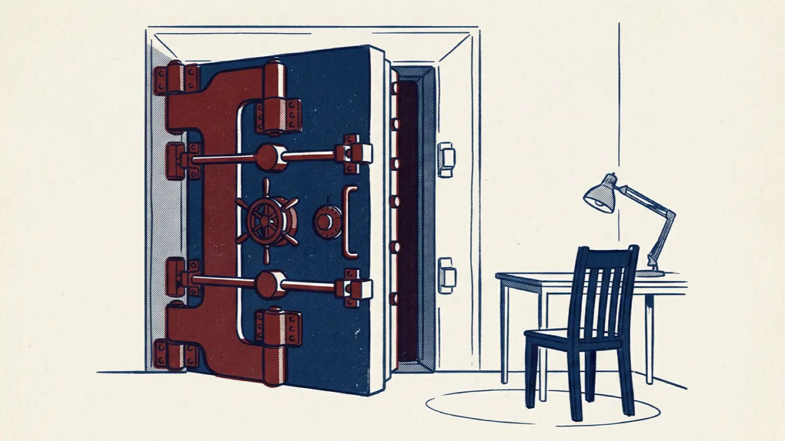 A risograph illustration of a heavy vault door standing slightly open in a dim room, with a chair and lamp in front.