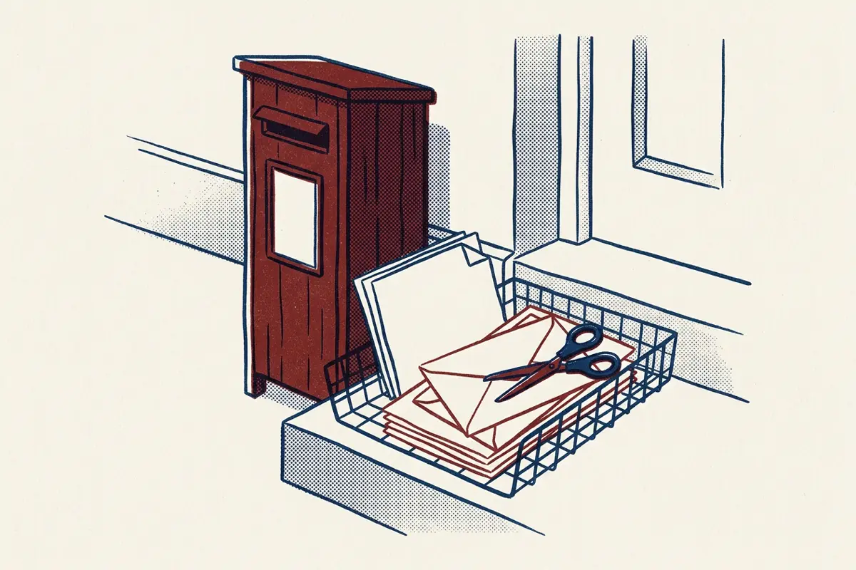 A post box and letter tray on a doorstep holding blank envelopes and folded paper.