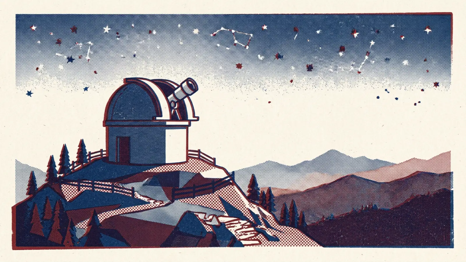 A risograph illustration of a small observatory dome on a hill with a telescope pointing at the stars.