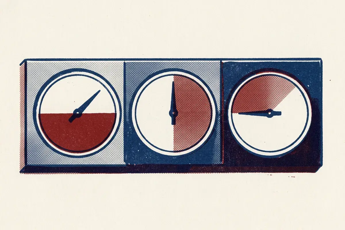Three unmarked dials, each with a shaded zone and a needle in a different position.