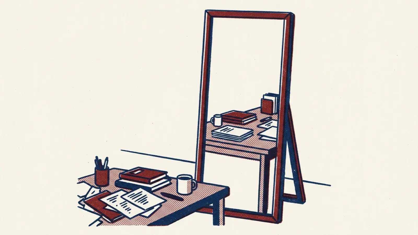 A risograph illustration of a mirror reflecting a tidier version of the cluttered desk in front of it.