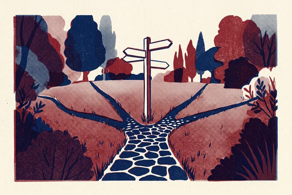 A path splitting into several tracks across a lawn, with a blank signpost at the fork.